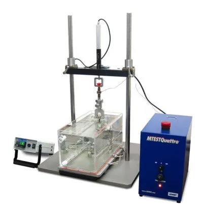 eXpert 4000 – Vertical configuration with heated saline bath small universal testing machine performing a tensile test in a temperature-controlled saline bath
