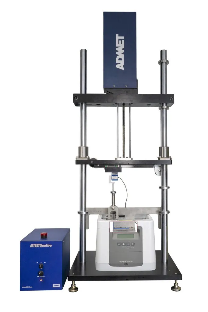 Custom testing machine for performing peel tests at cryogenic temperatures