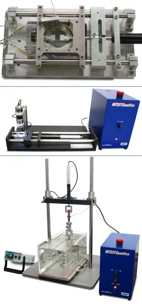 ADMET's eXpert 4000 Series MicroTest solution is adapted to the intended application. Possible configurations include a solution compatible with a high magnification imaging system (top), a system equipped with a digital microscope (middle), and a system with an environmental bath (bottom).